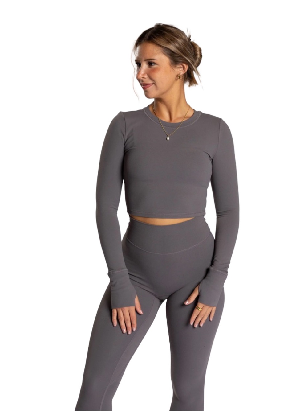 P’Tula PURELUXE Long Sleeve Crop Top Slate Gray Small